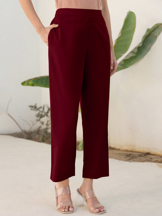 Janasya Maroon Cotton Solid Pant | Swadesiicart