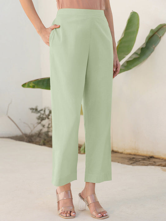 Janasya Mint Cotton Solid Pant | Swadesiicart