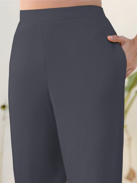 Janasya Grey Cotton Solid Pant | Swadesiicart