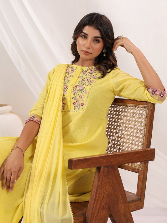 Janasya Light Dobby Cotton Embroidered Straight Kurta Set | Swadesiicart