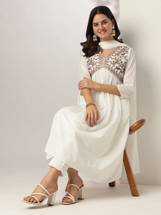 Janasya Light Dobby Cotton Embroidered A-Line Kurta Set | Swadesiicart