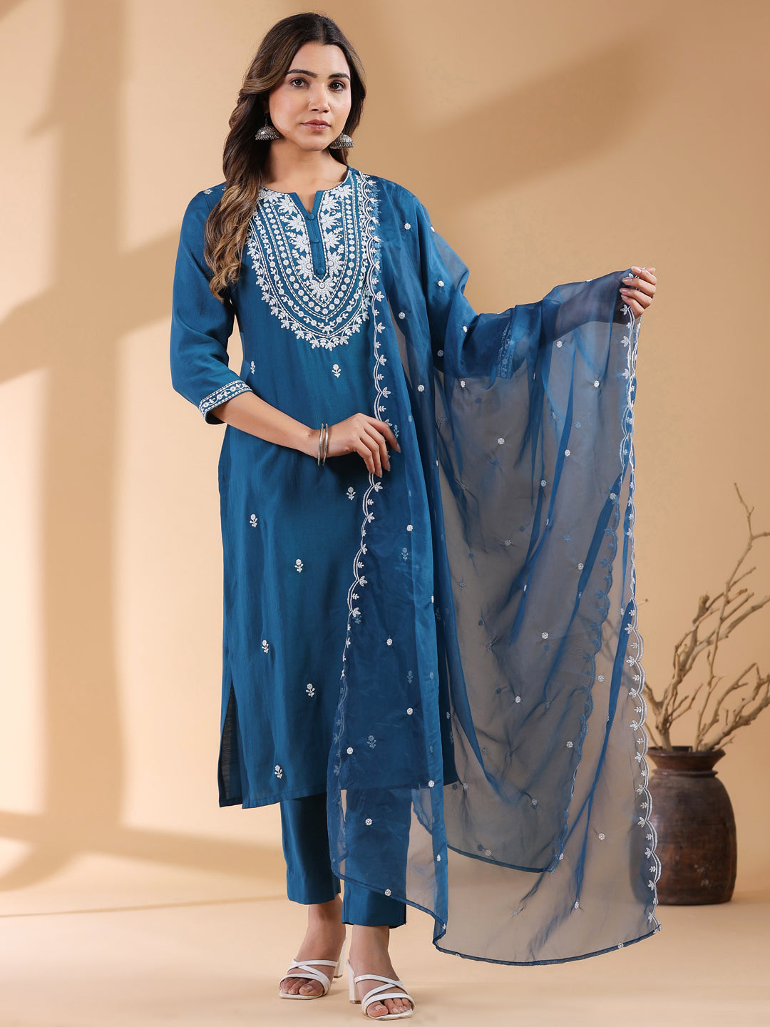 Janasya Dark Silk Blend Embroidered Straight Kurta Set | Swadesiicart
