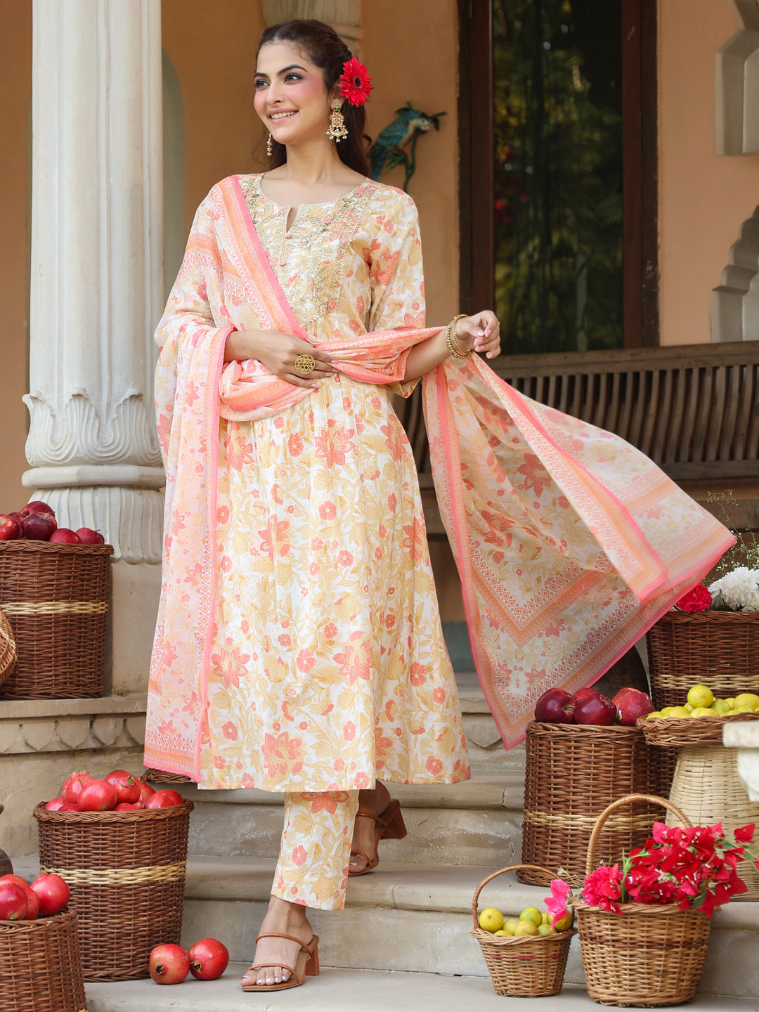 Janasya Light Cotton Floral A-Line Kurta Set | Swadesiicart