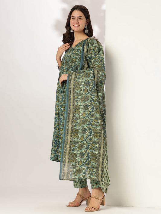 Janasya Dark Cotton Floral A-Line Kurta Set | Swadesiicart
