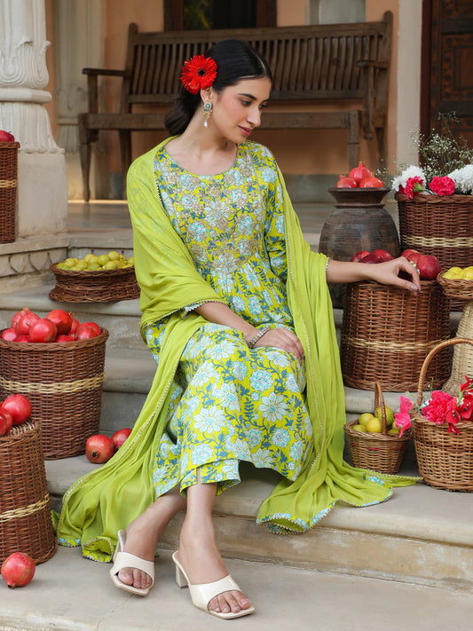 Janasya Bright Cotton Floral A-Line Kurta Set | Swadesiicart
