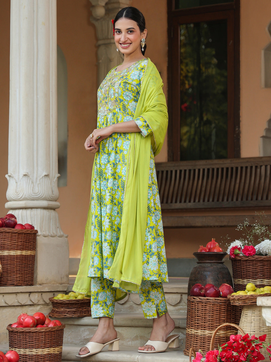 Janasya Bright Cotton Floral A-Line Kurta Set | Swadesiicart