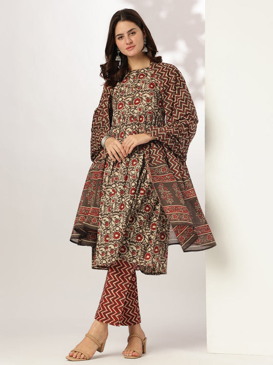 Janasya Dark Cotton Floral A-Line Kurta Set | Swadesiicart