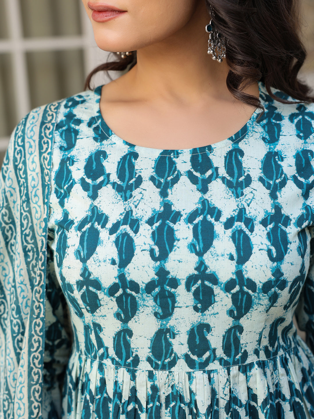 Janasya Dark Cotton Abstract A-Line Kurta Set | Swadesiicart
