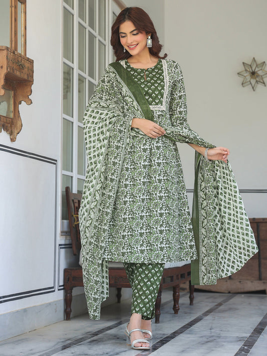 Janasya Dark Cotton Floral A-Line Kurta Set | Swadesiicart