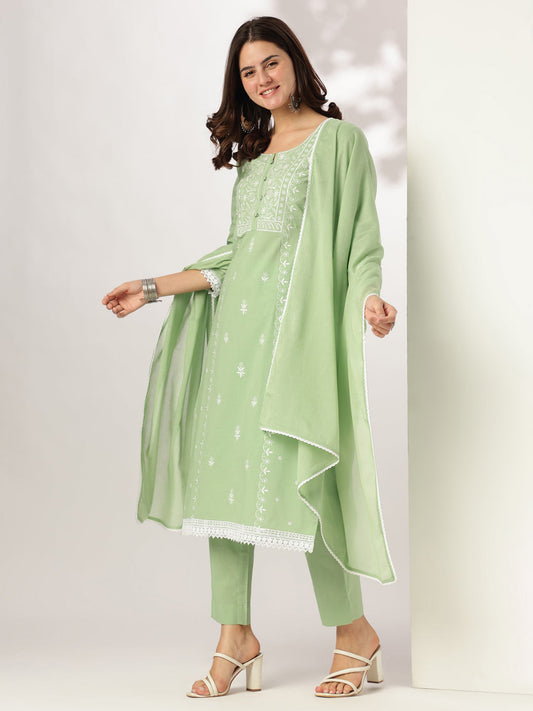 Janasya Light Cotton Embroidered Straight Kurta Set | Swadesiicart