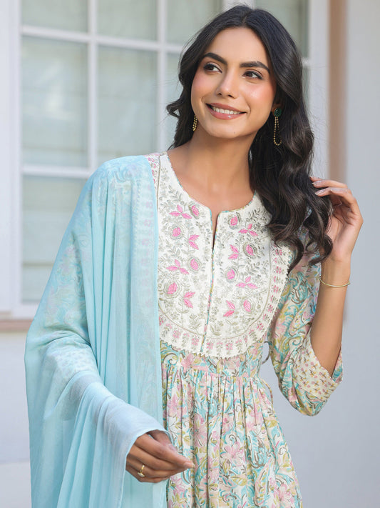 Janasya Light Cotton Yoke Embroidery A-Line Kurta Set | Swadesiicart