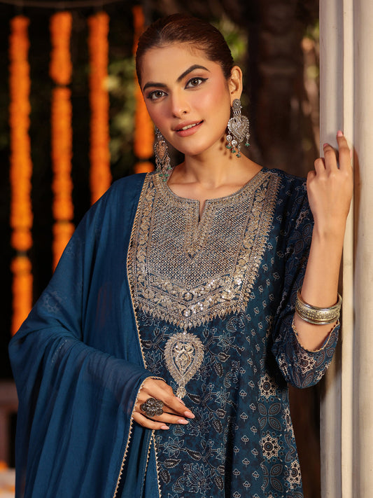Janasya Dark Georgette Ajrakh Anarkali Kurta Set | Swadesiicart