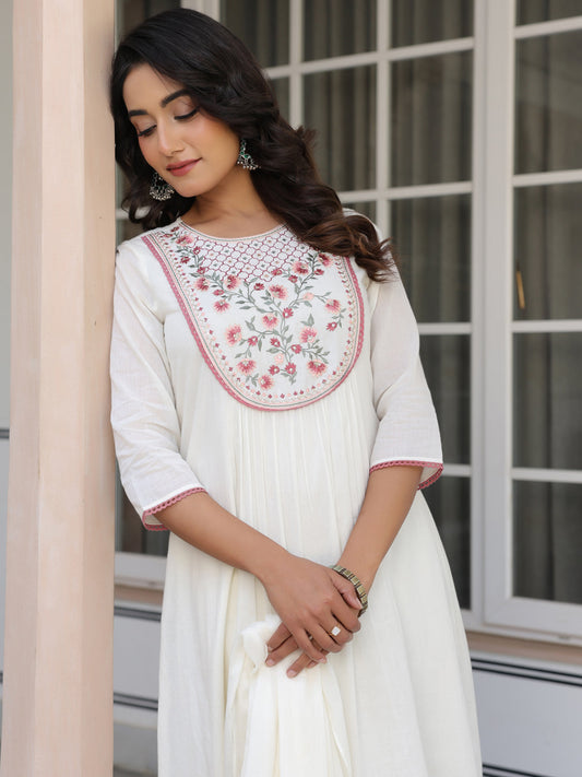 Janasya Light Cotton Yoke Embroidery A-Line Kurta Set | Swadesiicart