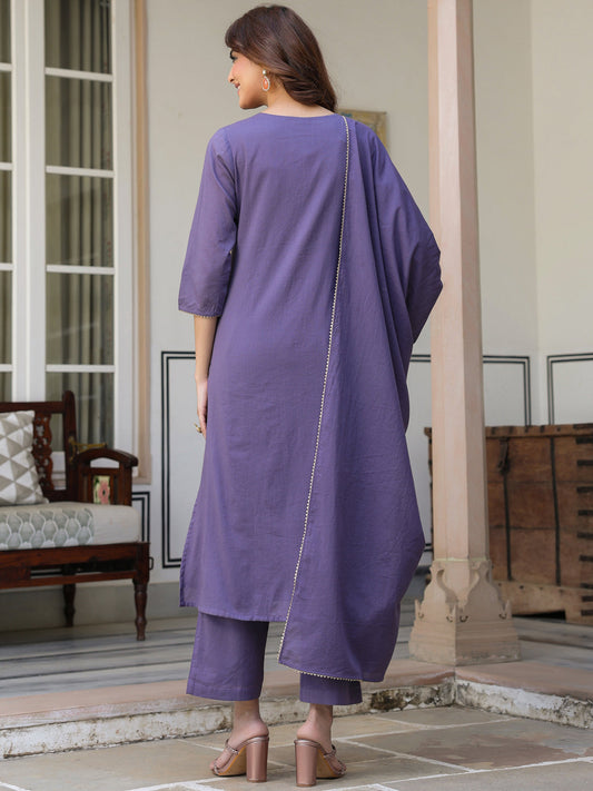 Janasya Dark Cotton Embroidered A-Line Kurta Set | Swadesiicart