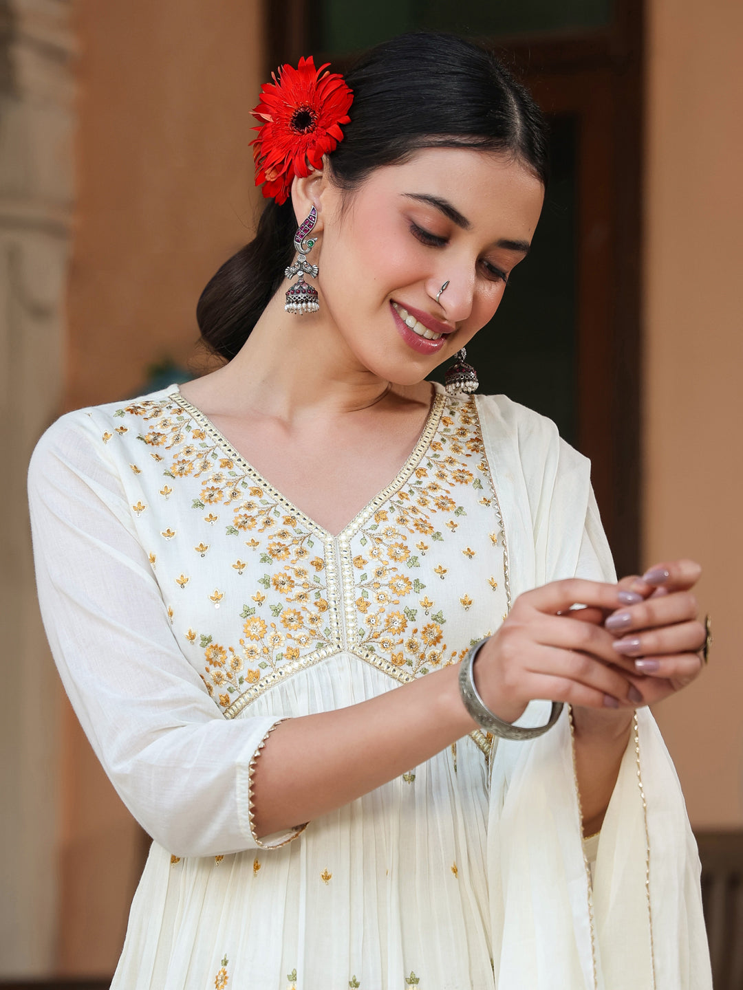 Janasya Light Cotton Embroidered A-Line Kurta Set | Swadesiicart