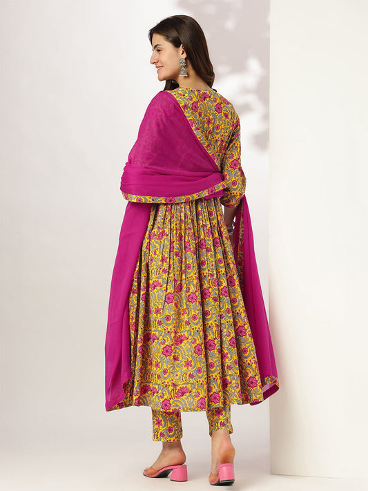 Janasya Bright Cotton Floral Angrakha Kurta Set | Swadesiicart