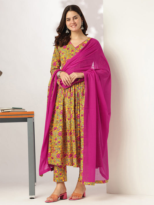 Janasya Bright Cotton Floral Angrakha Kurta Set | Swadesiicart