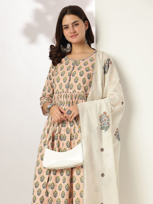 Janasya Light Cotton Floral A-Line Kurta Set | Swadesiicart
