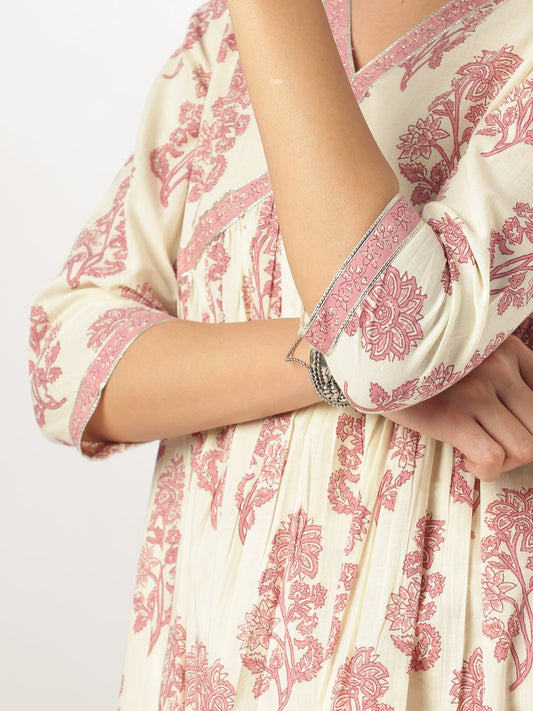 Janasya Light Cotton Floral A-Line Kurta Set | Swadesiicart