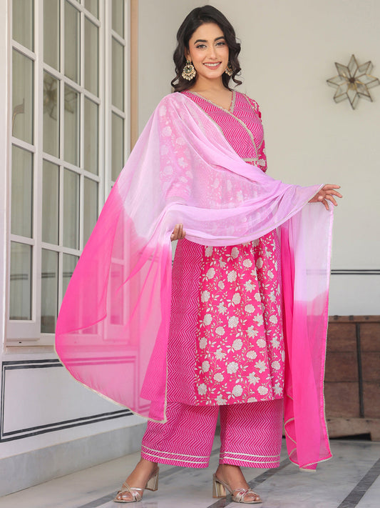 Janasya Bright Cotton Floral A-Line Kurta Set | Swadesiicart