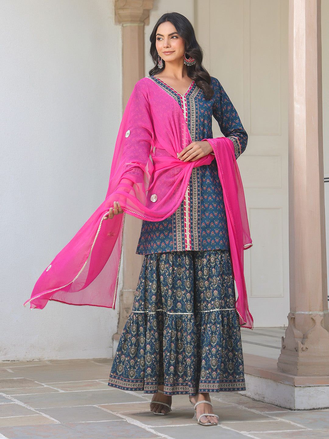 Janasya Dark Cotton Ethnic Motifs A-Line Kurta Set | Swadesiicart