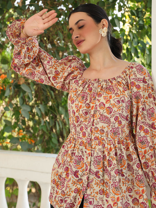 Janasya Light Cotton Floral Peplum Top | Swadesiicart
