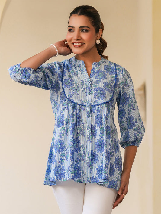Janasya Light Cotton Floral A-Line Top | Swadesiicart