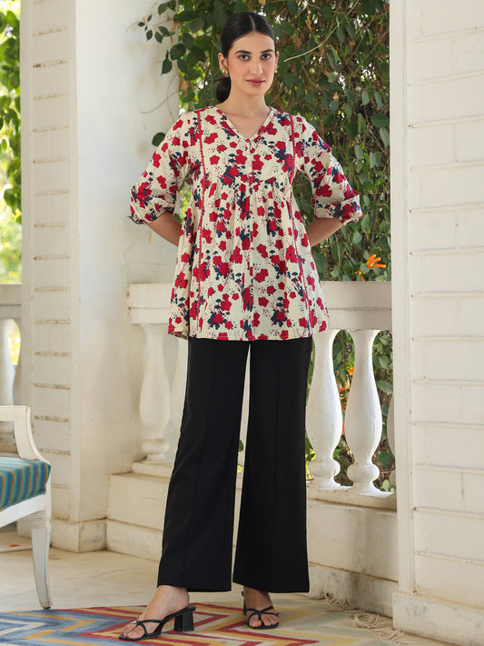 Janasya Light Cotton Floral A-Line Top | Swadesiicart