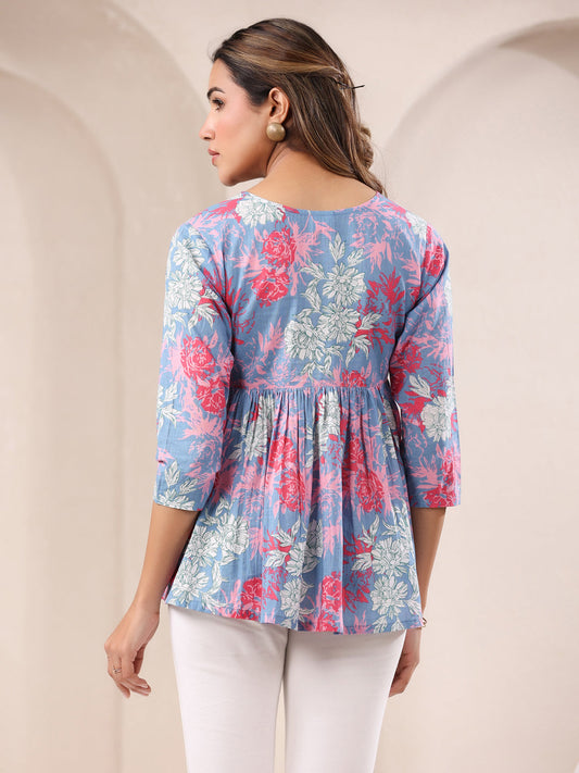 Janasya Light Cotton Floral A-Line Top | Swadesiicart