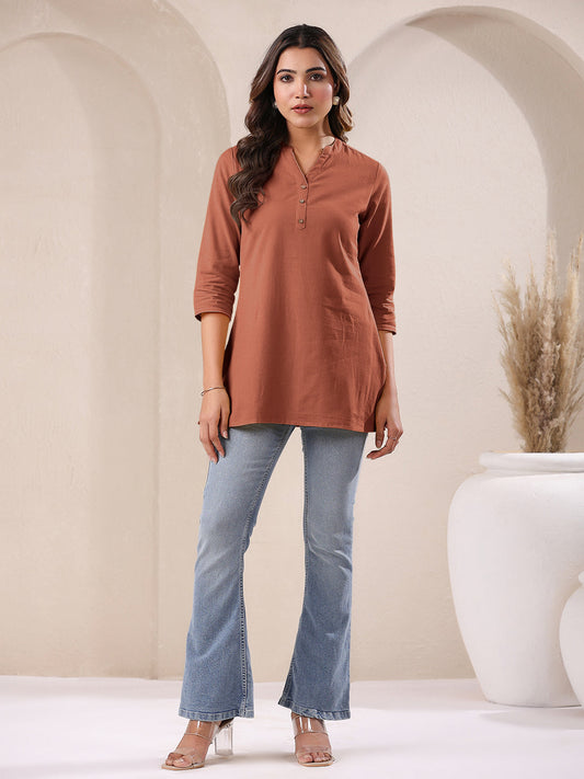 Janasya Dark Cotton Solid A-Line Top | Swadesiicart