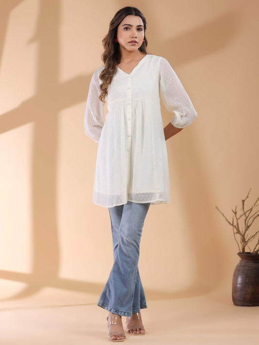 Janasya Light Dobby Chiffon Self Design A-Line Tunic | Swadesiicart