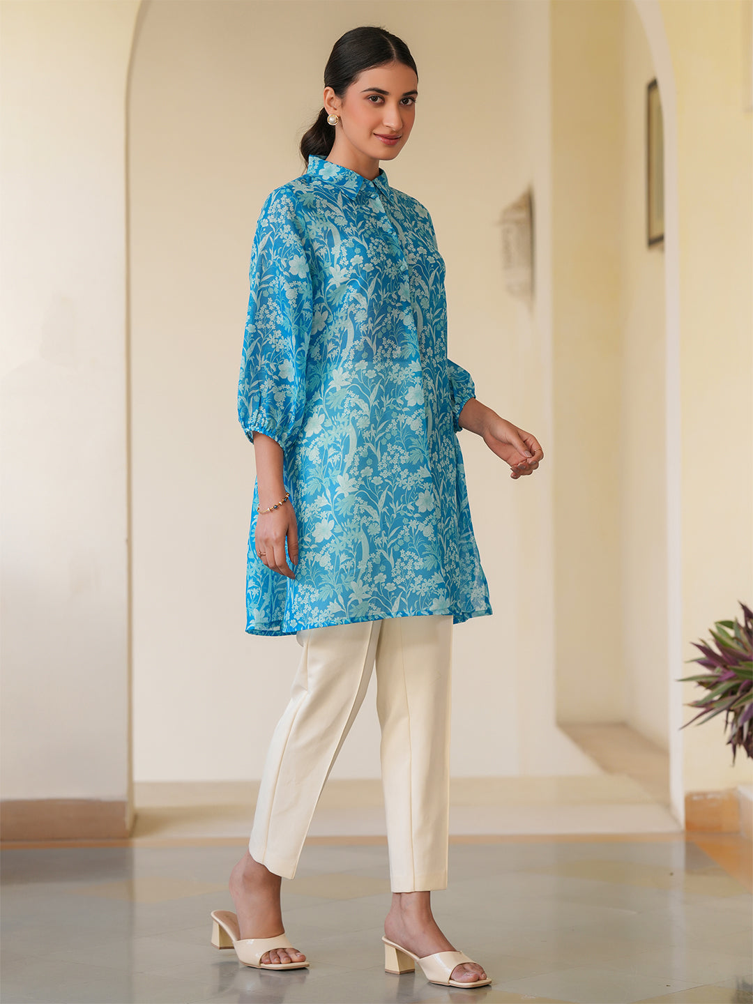 Janasya Bright Silk Blend Floral A-Line Tunic | Swadesiicart