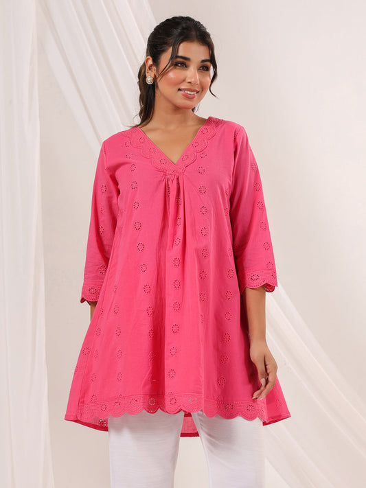 Janasya Bright Cotton Schiffli A-Line Tunic | Swadesiicart