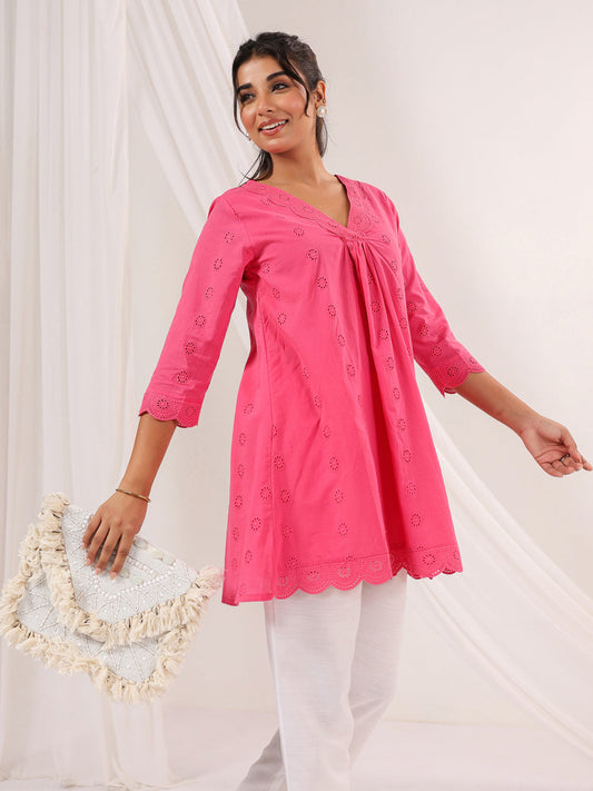 Janasya Bright Cotton Schiffli A-Line Tunic | Swadesiicart
