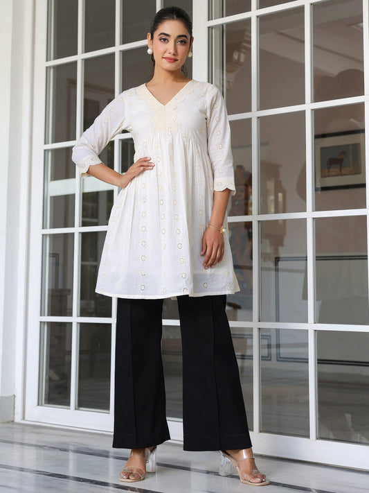 Janasya Light Cotton Schiffli A-Line Tunic | Swadesiicart