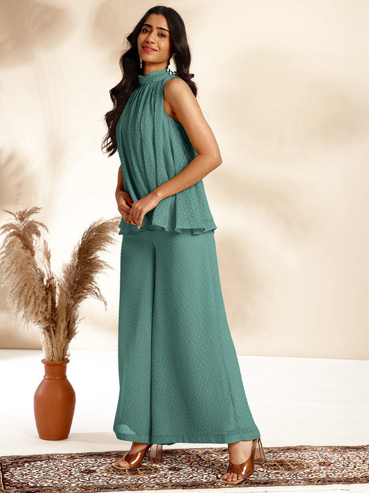 Janasya Sage Dobby Chiffon Self Design Co-Ords - Swadesiicart