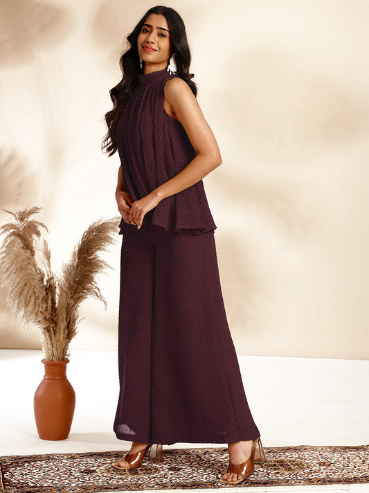 Janasya Dark Chiffon Self Design Gathered Top & Bottom Set | Swadesiicart