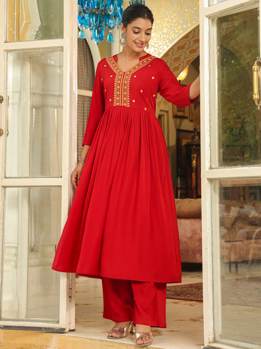 Janasya Maroon Rayon Embroidered Kurta & Bottom | Swadesiicart