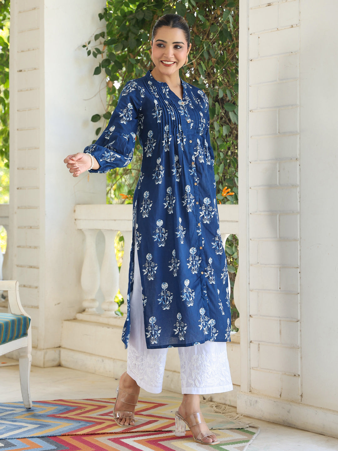 Janasya Dark Cotton Floral Pleated Kurta | Swadesiicart