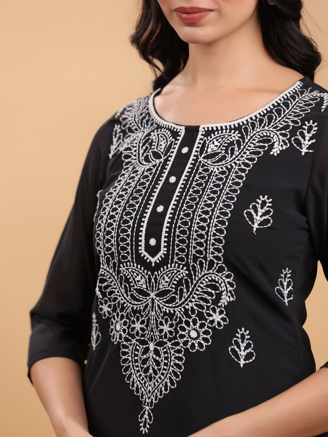 Janasya Black Weightless Georgette Embroidered Kurta - Swadesiicart