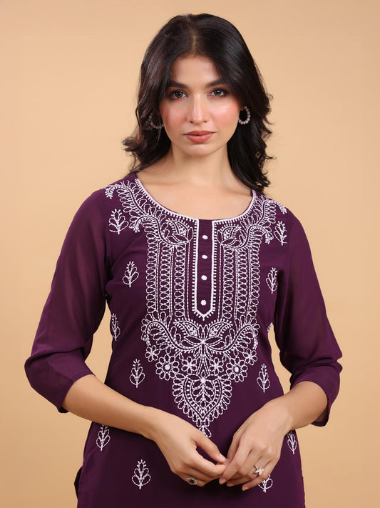 Janasya Purple Weightless Georgette Embroidered Kurta - Swadesiicart