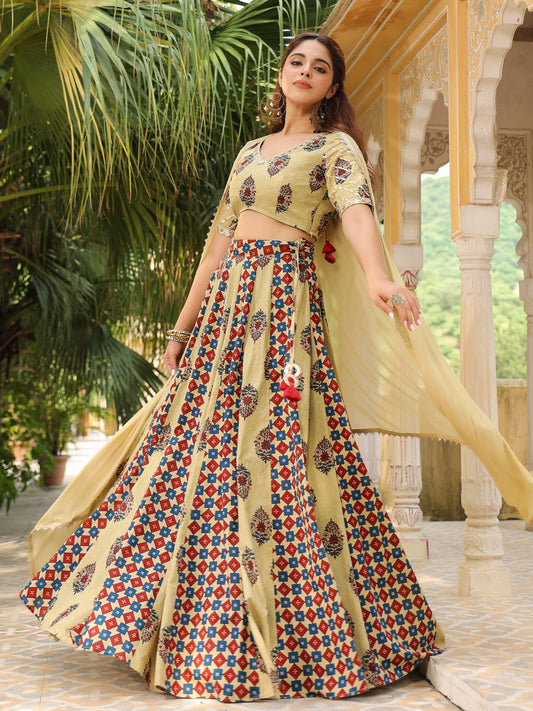 Janasya Beige Cambric Ethnic Motifs Lehenga Choli Dupatta | Swadesiicart