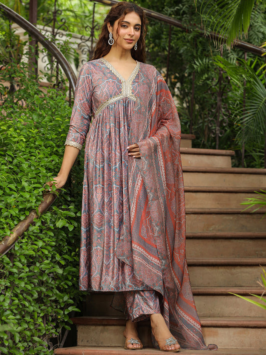 Janasya Grey Chiffon Ethnic Motifs Set | Swadesiicart
