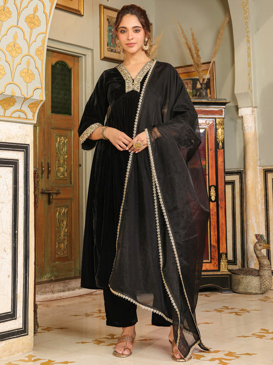 Janasya Black Velvet Embroidered Kurta,Bottom & Dupatta | Swadesiicart