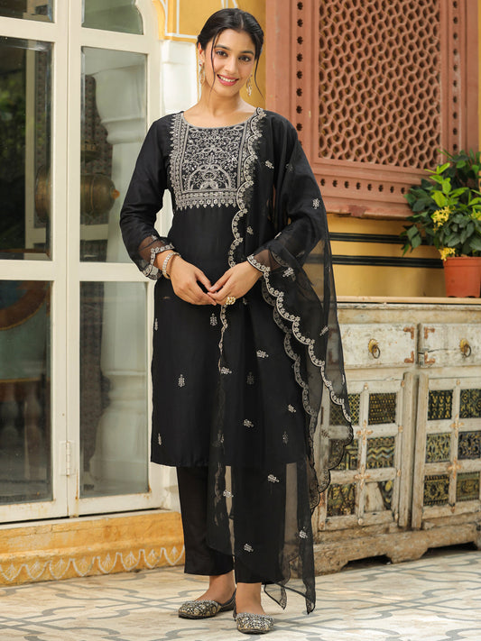 Janasya Black Premium Chinnon Embroidered Kurta,Bottom & Dupatta | Swadesiicart