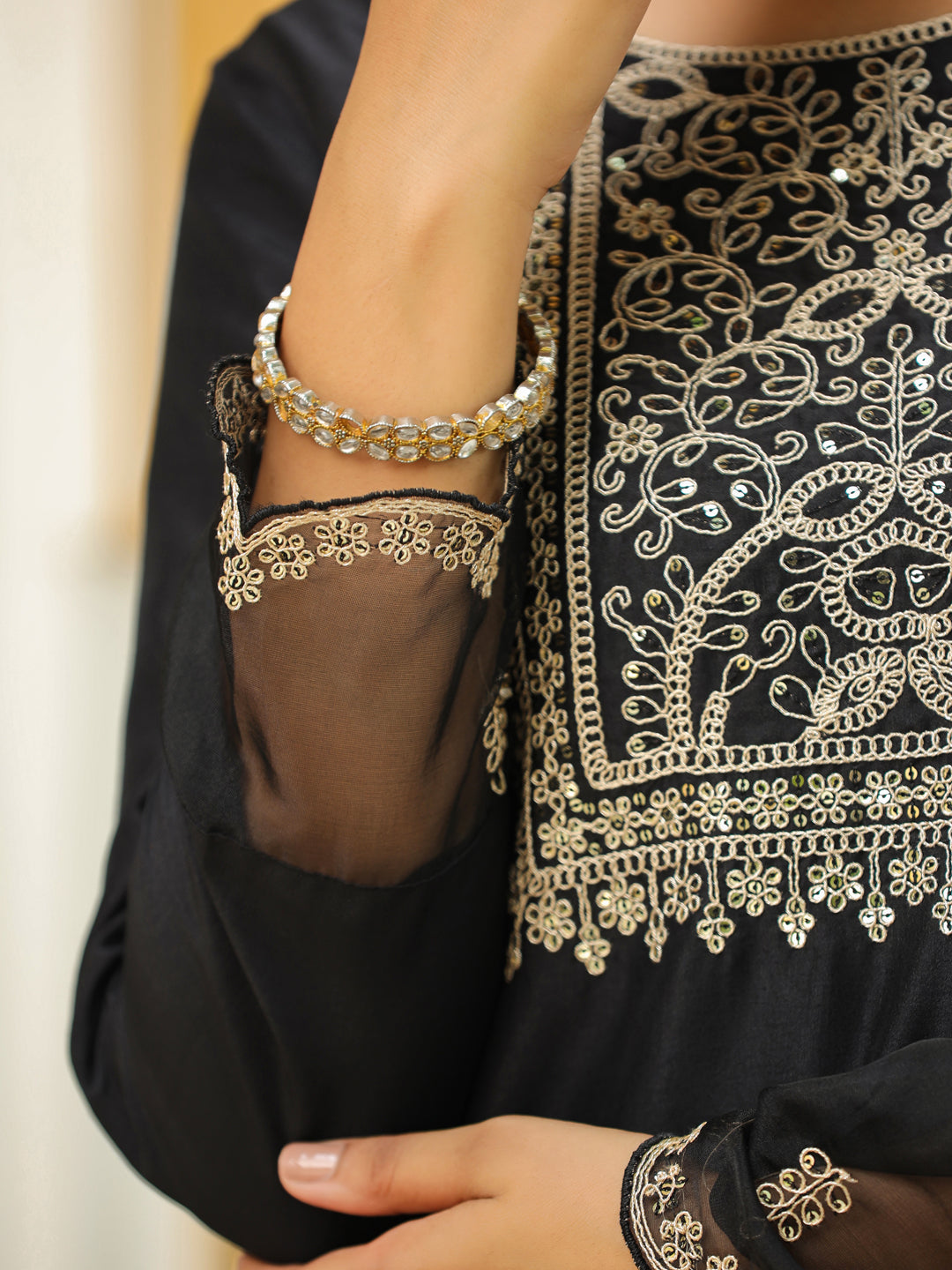 Janasya Black Premium Chinnon Embroidered Kurta,Bottom & Dupatta | Swadesiicart