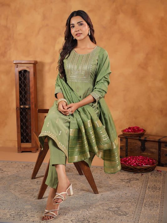 Janasya Sage Premium Chinnon Embroidered Kurta,Bottom & Dupatta | Swadesiicart