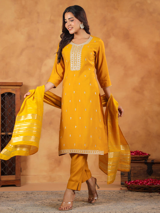 Janasya Bright Chanderi Embroidered Straight Kurta Set | Swadesiicart