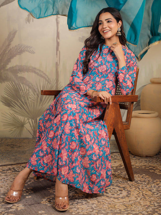 Janasya Teal Weightless Georgette Floral Kurta,Bottom & Dupatta | Swadesiicart