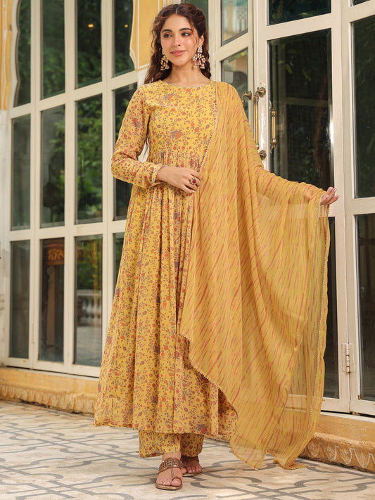 Janasya Mustard Georgette Floral Kurta,Bottom & Dupatta | Swadesiicart